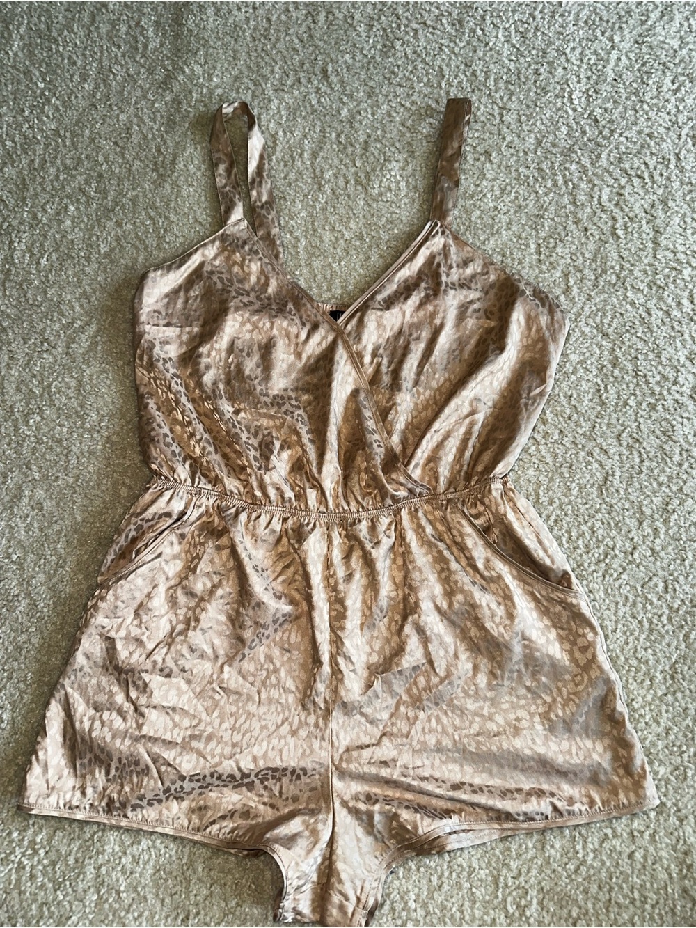 INC International Concepts Champagne Satin Animal-Print Chemise Romper